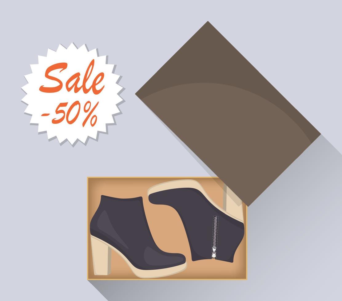 botas de salto alto elegantes mulheres modernas na caixa, vista lateral. venda com um desconto de 50 por cento. sapatos femininos casuais. ilustração para uma sapataria. ilustração em vetor plana.