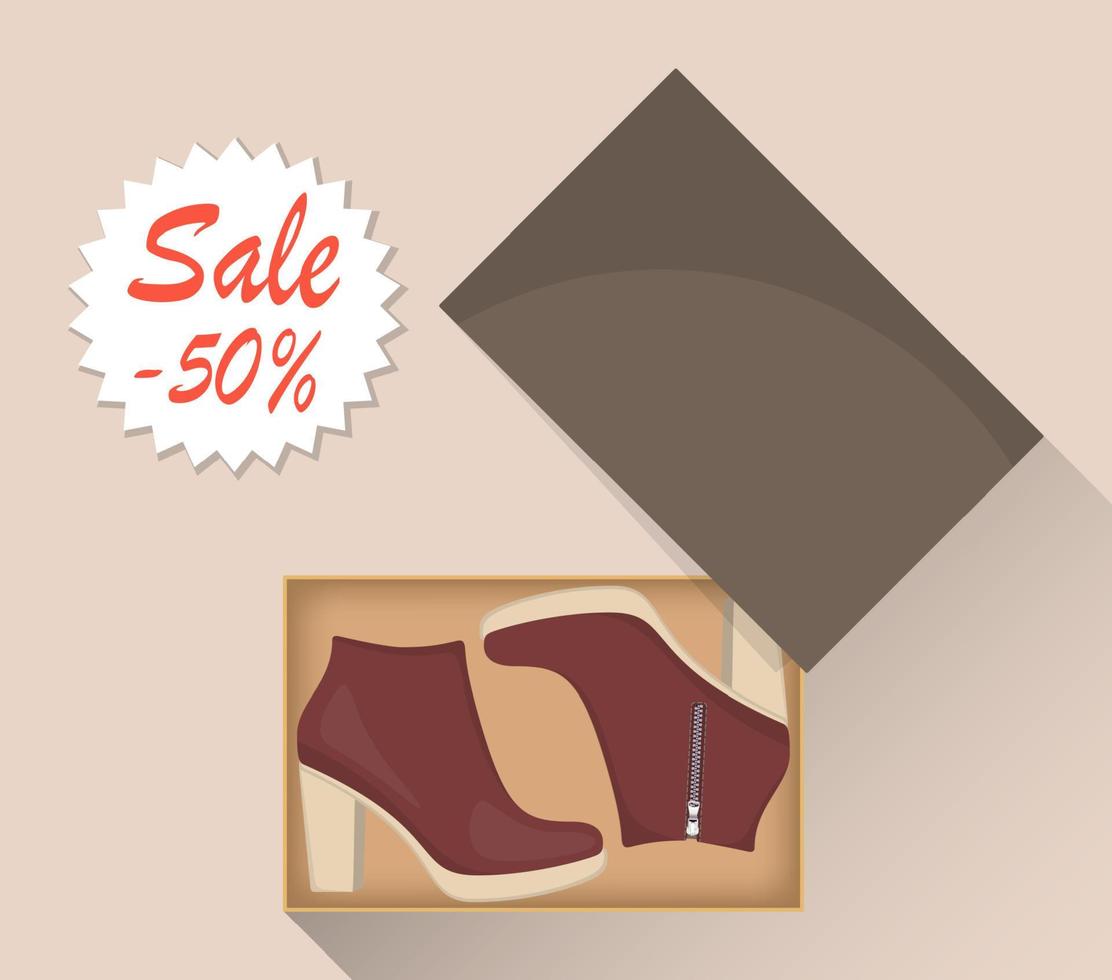 botas de salto alto elegantes mulheres modernas na caixa, vista lateral. venda com um desconto de 50 por cento. sapatos femininos casuais. ilustração para uma sapataria. ilustração em vetor plana.