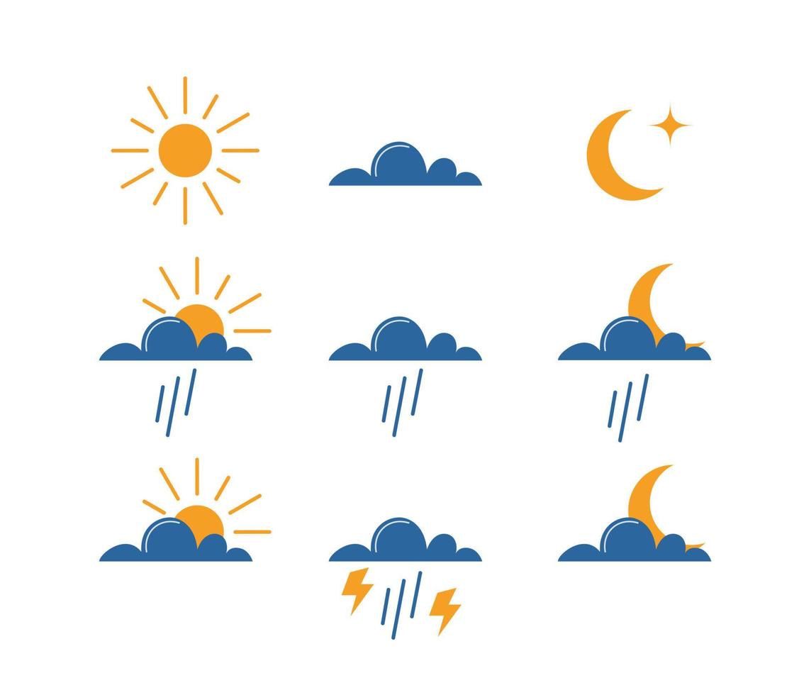 conjunto de ícones do tempo. ícones bonitos de estilo plano simples para a previsão do tempo. sol, nuvem, lua, chuva, símbolos de relâmpago. ilustração vetorial. vetor