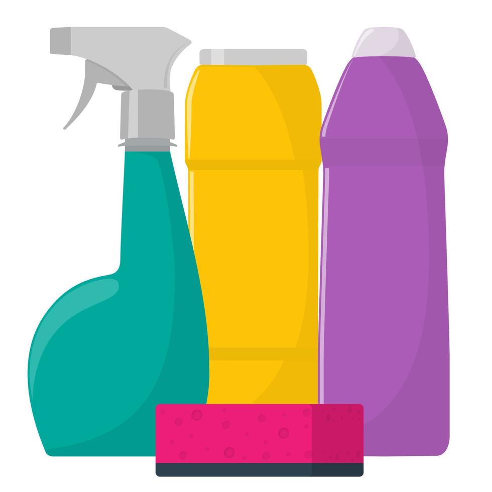 os frascos de detergente, sabão em pó, detergente em pó, frasco de spray, esponja de limpeza. conceito de serviços de limpeza. ilustração vetorial, estilo simples, isolado. vetor