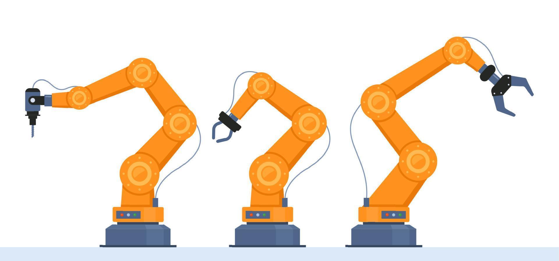 conjunto de braços robóticos. tecnologia de automação de fabricação. ferramentas industriais mecânica robô braço máquina hidráulica equipamentos automotivo. transporte de robôs de montagem de fábrica. ilustração em vetor plana isolada.