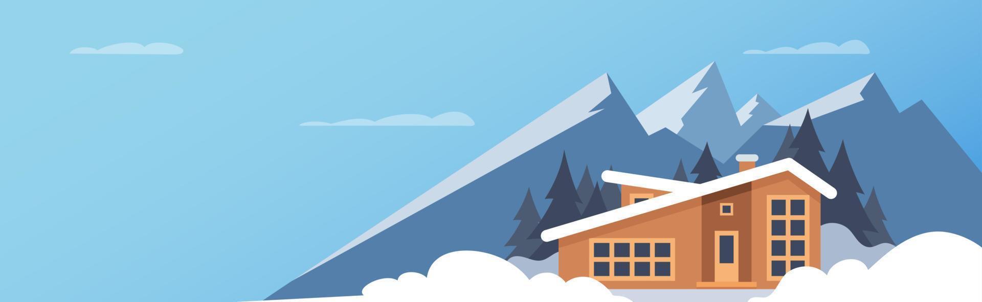 esporte de inverno. paisagem de montanha de inverno com casa grande para turistas. férias de inverno nas montanhas, estações de esqui, aluguel de casas. ilustração em vetor plana.