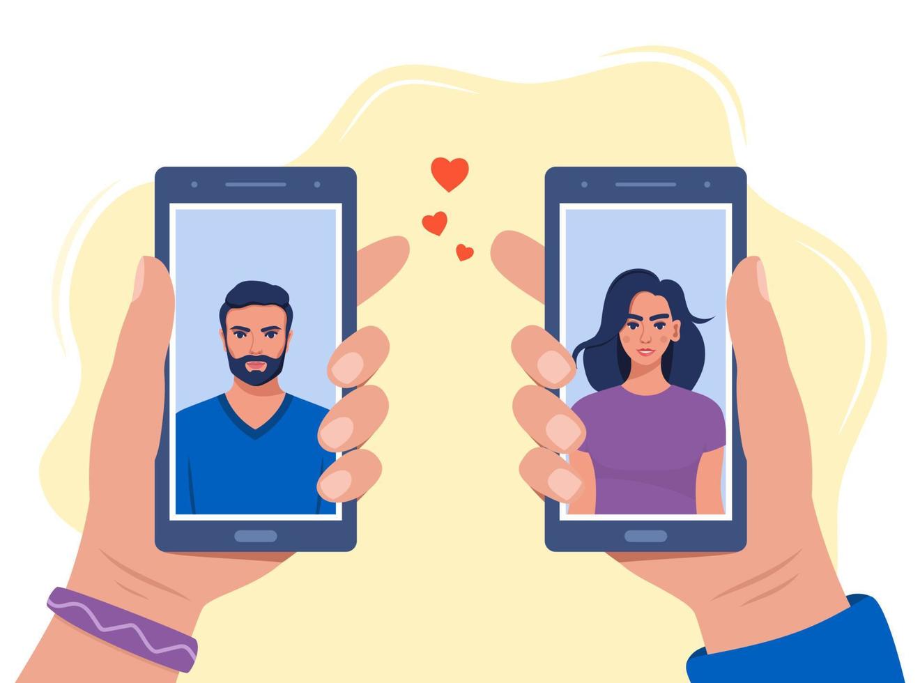 mãos segurando smartphone com aplicativo de romance de perfis de homem e mulher. aplicativo de serviço de namoro. casal apaixonado em telas de telefones celulares. amor na rede social. ilustração vetorial. vetor