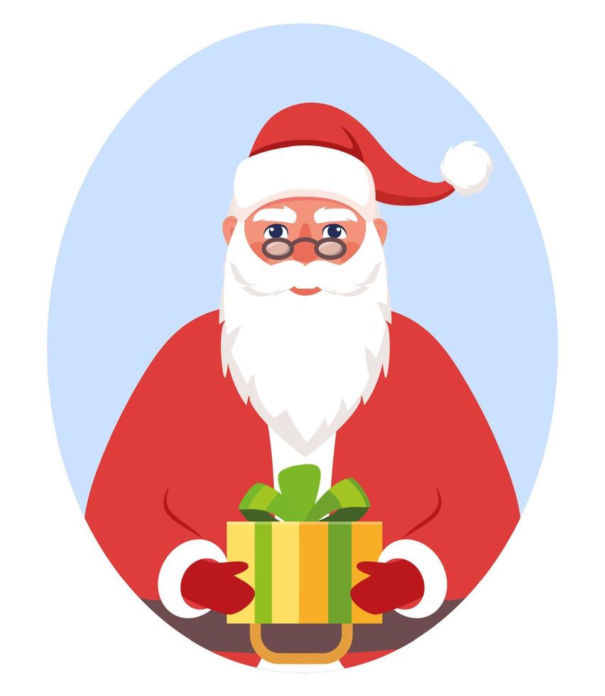 personagem fofo de Papai Noel com presente nas mãos. papai noel sorrindo e mostra uma enorme caixa de presente. feliz Natal e Feliz Ano Novo. ilustração em vetor cartão de natal.