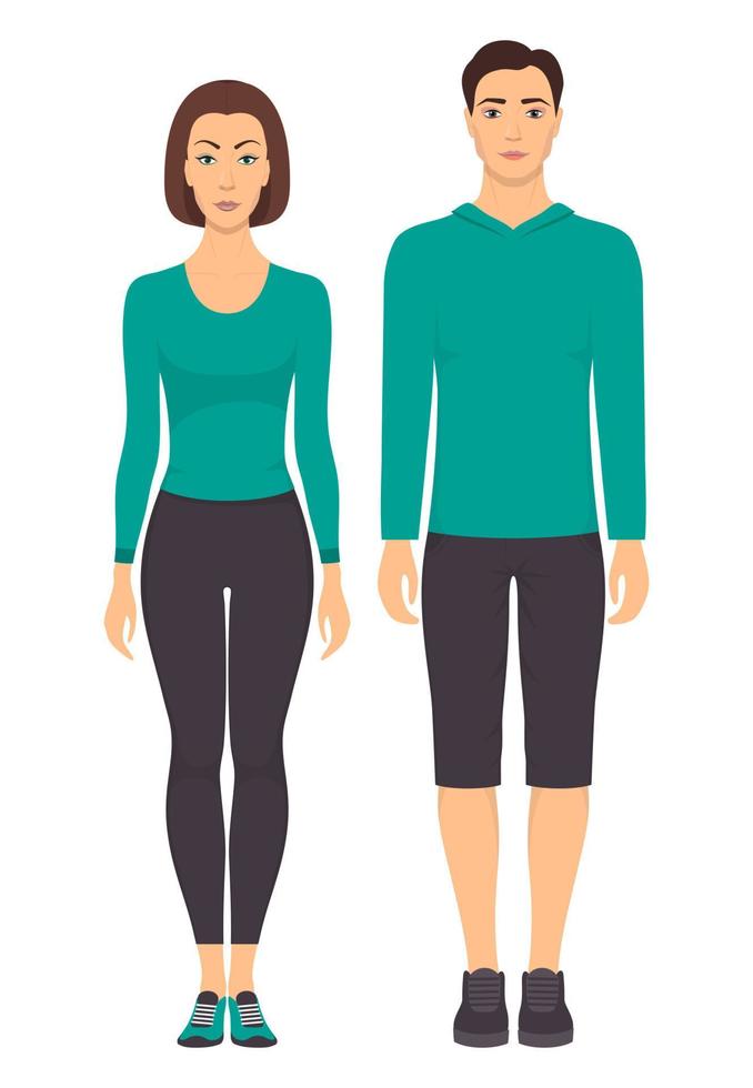 casal em roupas esportivas. jovem e mulher em pleno crescimento em roupas esportivas para exercícios na academia, corrida, fitness. ilustração vetorial, isolada. vetor