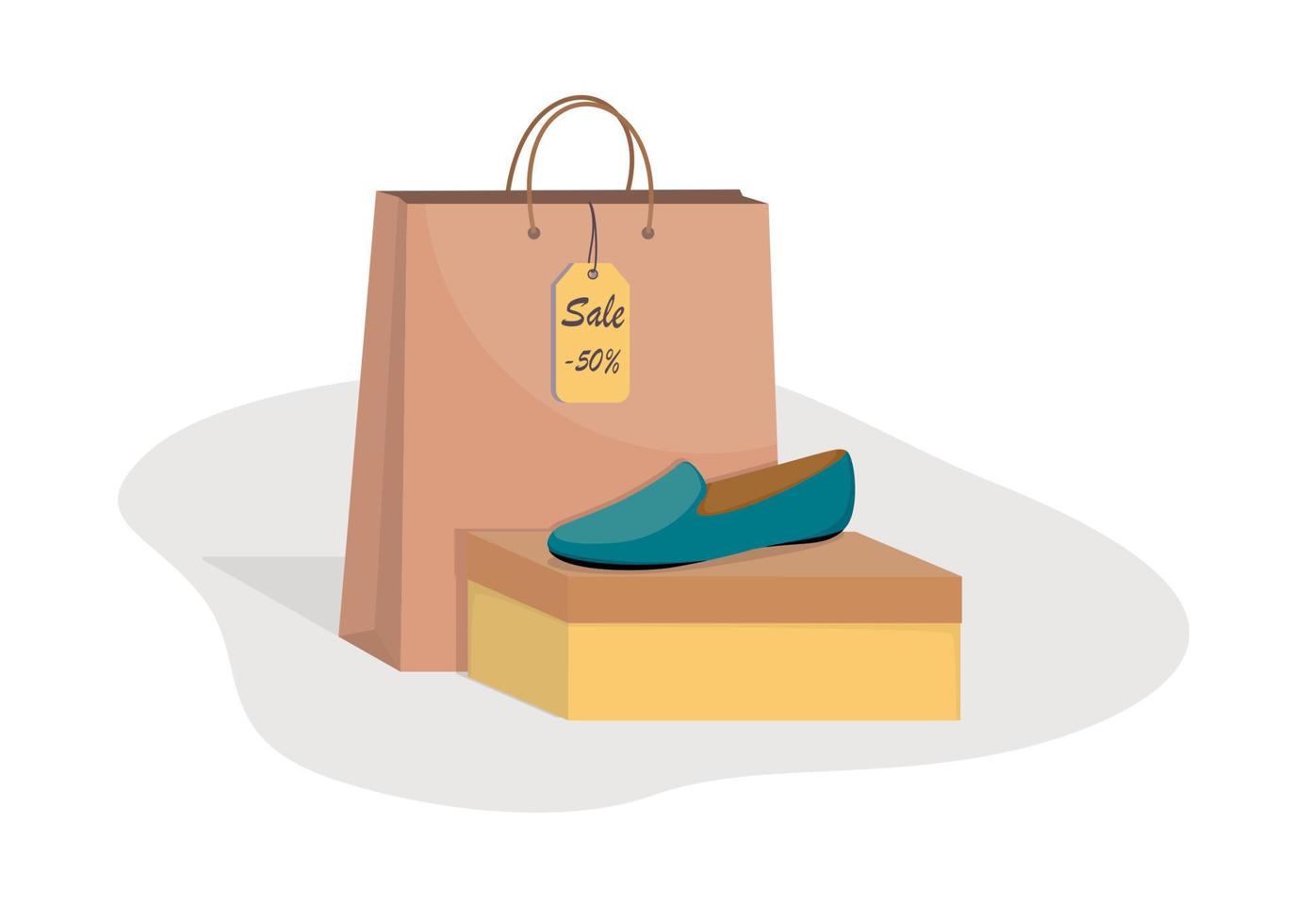 sapatos da mulher moderna elegante na caixa, vista lateral, saco de papel colorido e etiqueta de preço com 50% de desconto. venda em uma sapataria. banner de publicidade de venda de calçados. ilustração vetorial, estilo simples. vetor