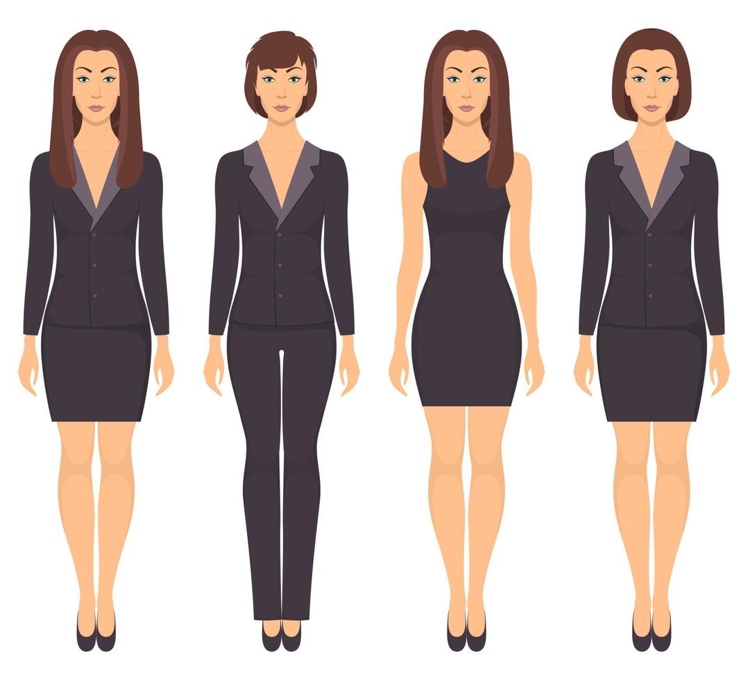 mulher jovem e bonita em pleno crescimento em diferentes roupas formais. mulher em roupas elegantes e casuais. guarda-roupa básico. ilustração vetorial, isolada. vetor