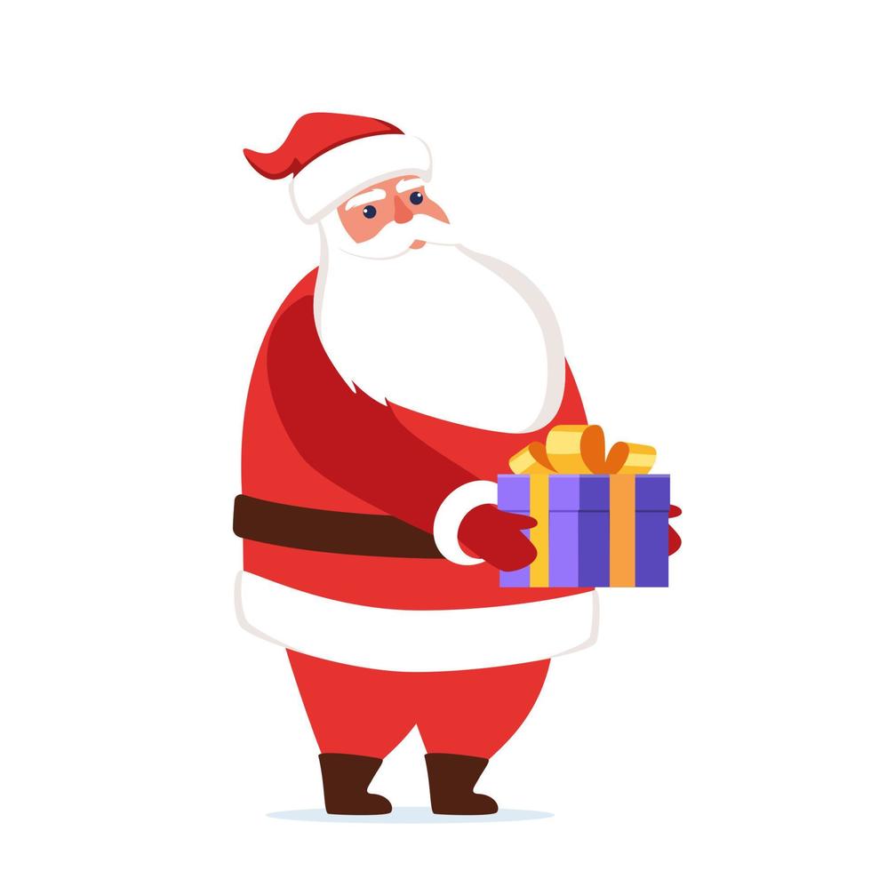 personagem fofo de Papai Noel com presente nas mãos. papai noel sorrindo e mostra uma enorme caixa de presente. feliz Natal e Feliz Ano Novo. ilustração em vetor cartão de natal.