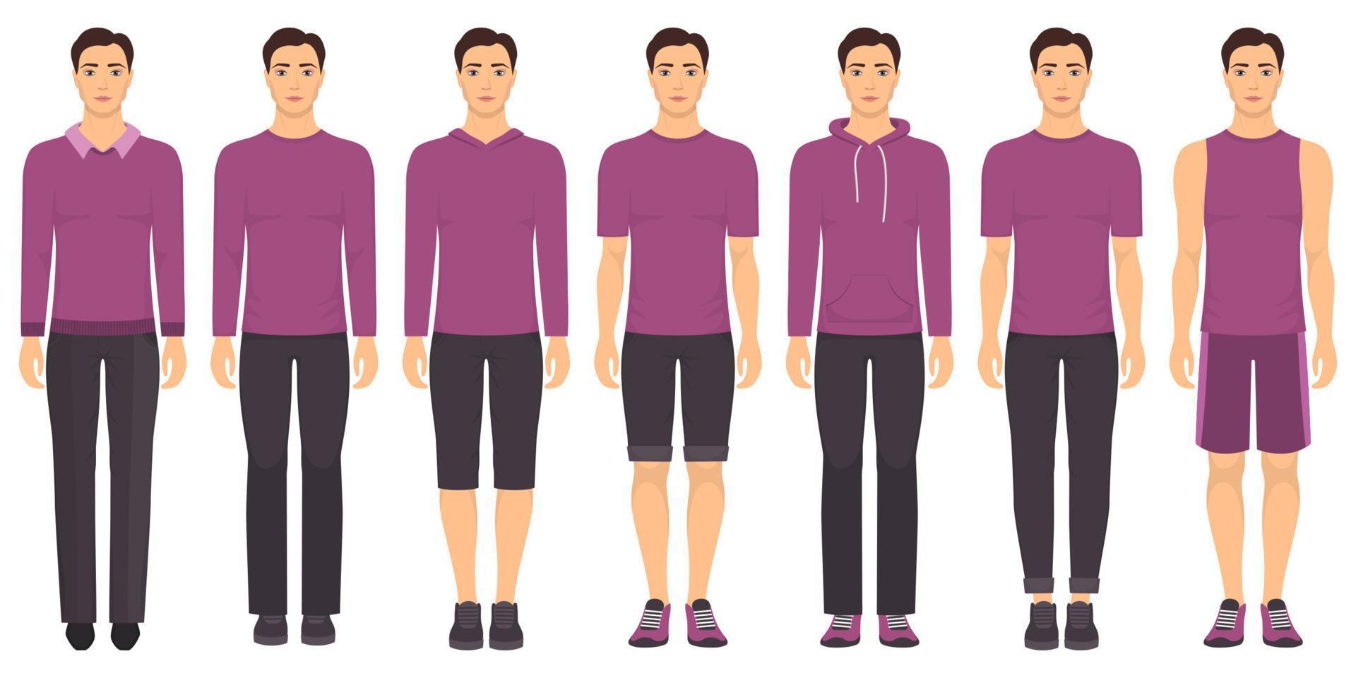 jovem de pé em pleno crescimento em roupas diferentes, formais, negócios, todos os dias, esportes. homem em roupas elegantes e casuais. guarda-roupa básico em duas cores. ilustração vetorial, isolada. vetor