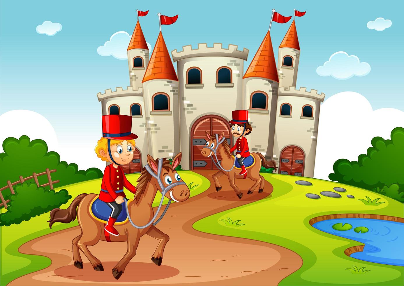 cena de conto de fadas com castelo e cena de soldado da guarda real vetor