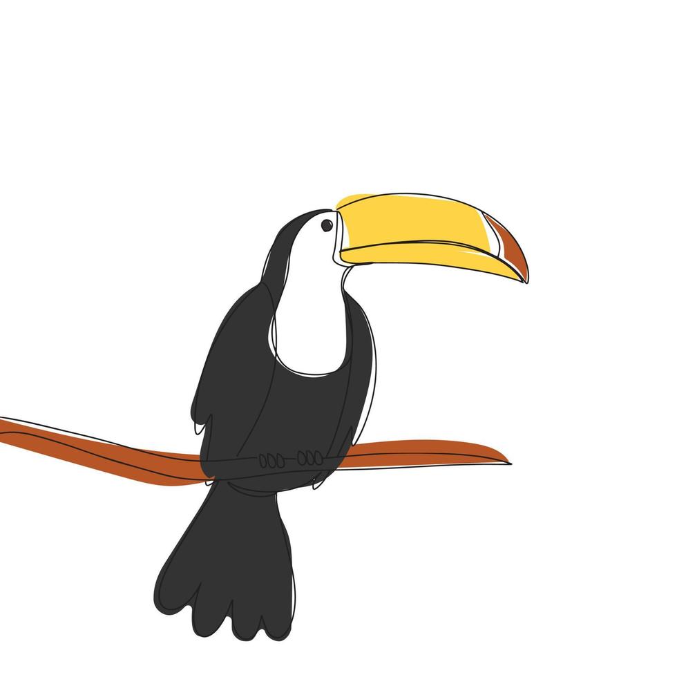 pássaro no galho. tucano em estilo line art, continua linha com cor. ilustração vetorial. vetor