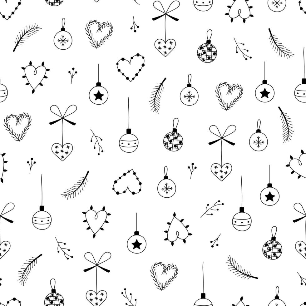 Natal, ano novo doodle padrão sem emenda. fundo de contorno com bolas de natal, galhos de árvores de natal, corações. impressão vetorial de férias para papel, embrulho, tecido, têxtil vetor