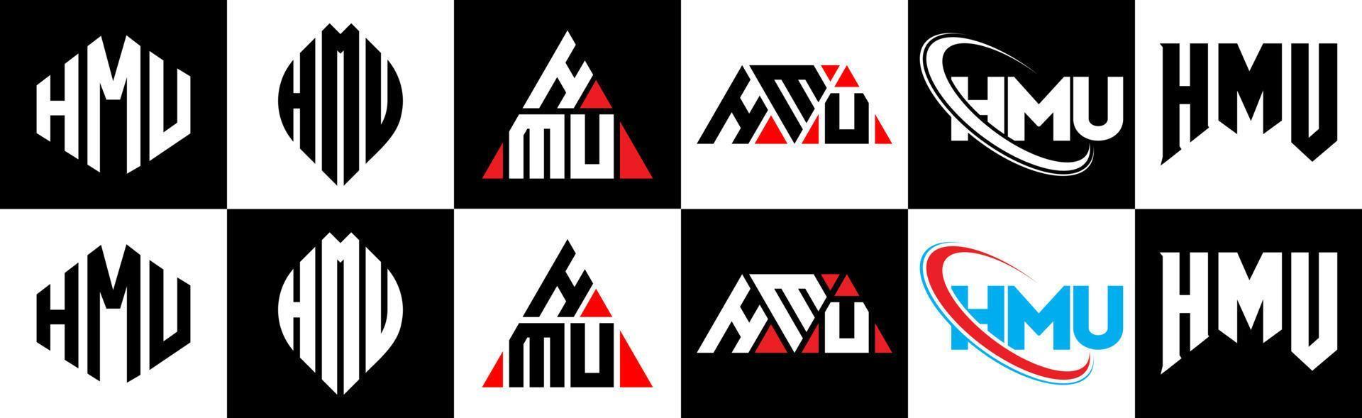 design de logotipo de carta hmu em seis estilos. hmu polígono, círculo, triângulo, hexágono, estilo plano e simples com logotipo de carta de variação de cor preto e branco definido em uma prancheta. hmu logotipo minimalista e clássico vetor