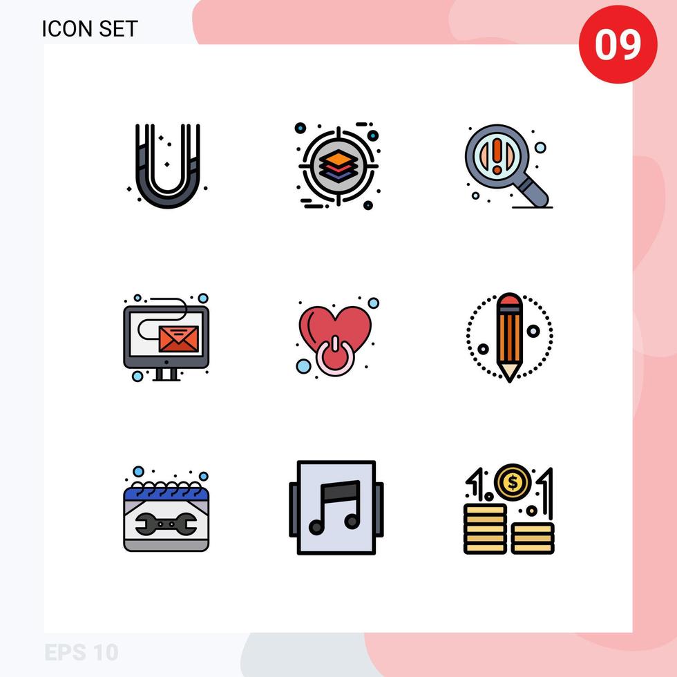 pacote de 9 sinais e símbolos modernos de cores planas de linha preenchida para mídia impressa na web, como desligar, encontrar elementos de design de vetores editáveis de e-mail de boletim informativo