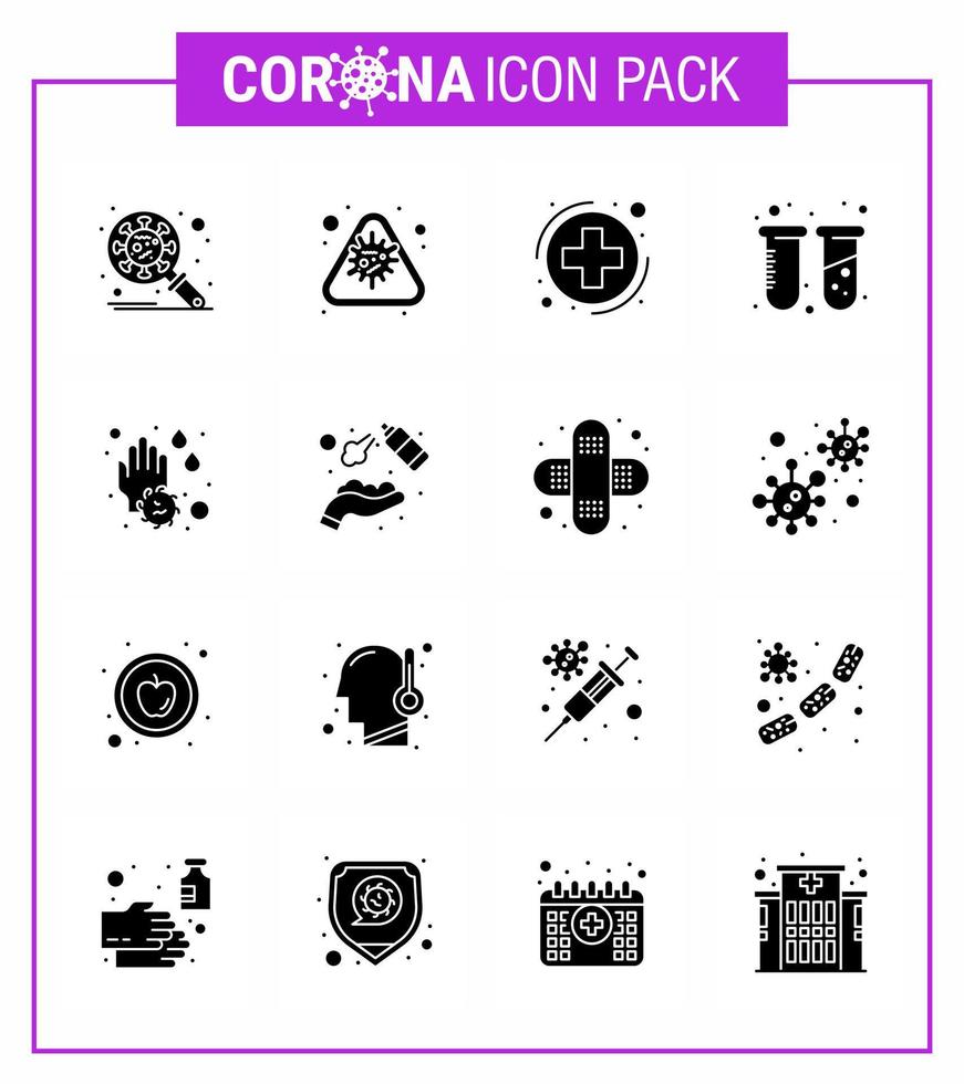 prevenção de vírus corona covid19 dicas para evitar lesões 16 glifo sólido ícone preto para apresentação teste de laboratório epidemia química saúde coronavírus viral doença 2019nov vetor elementos de design