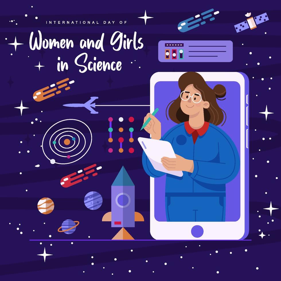 mulher aprendendo a ser astronauta via tutorial online vetor
