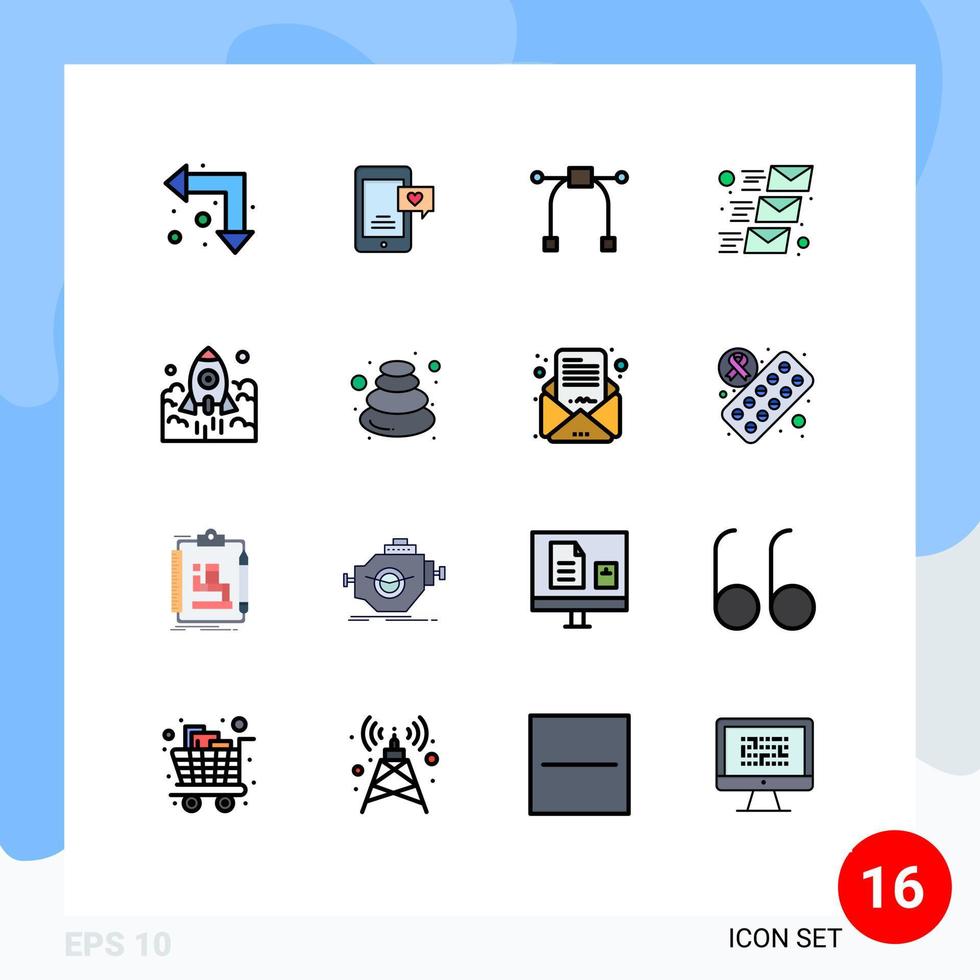 grupo de 16 linhas cheias de cores planas, sinais e símbolos para design de lançamento de negócios, mensagem de e-mail, elementos de design de vetores criativos editáveis