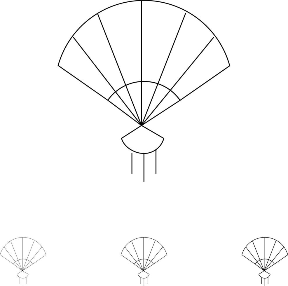 ventilador mão china chinês negrito e fino conjunto de ícones de linha preta vetor