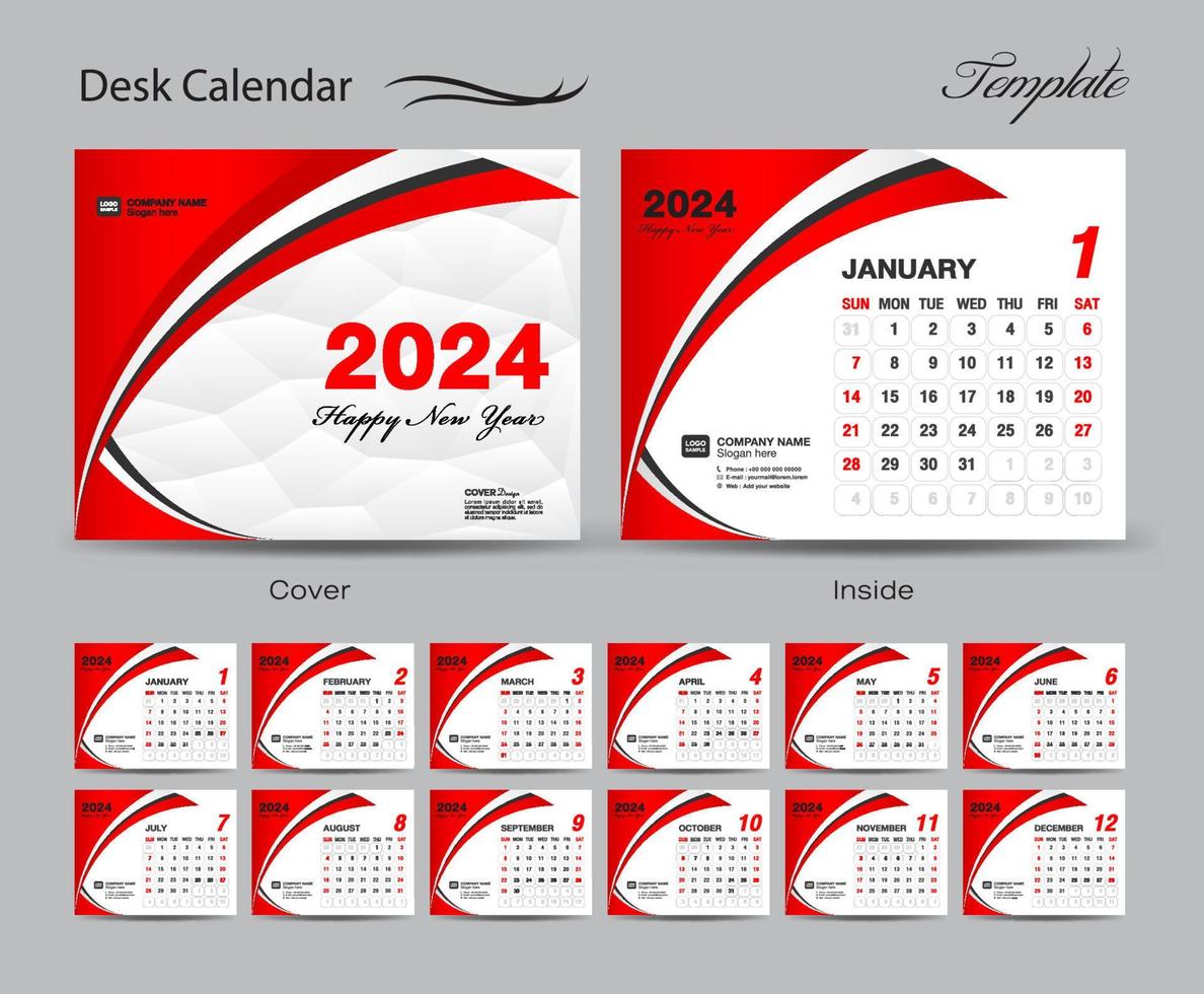 vetor de conjunto de modelo de calendário 2024, semana começa domingo, conjunto de 12 meses, calendário de mesa 2024 ano, calendário de parede 2024, planejador, modelo de negócios, artigos de papelaria, mídia de impressão, fundo criativo vermelho