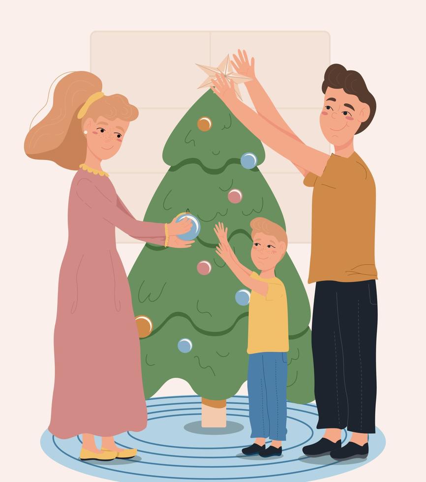 ilustração de férias de natal com a família. mãe, pai e filho decoram a árvore de natal e se preparam para o feriado. ilustração de família acolhedora em vetor de ano novo.