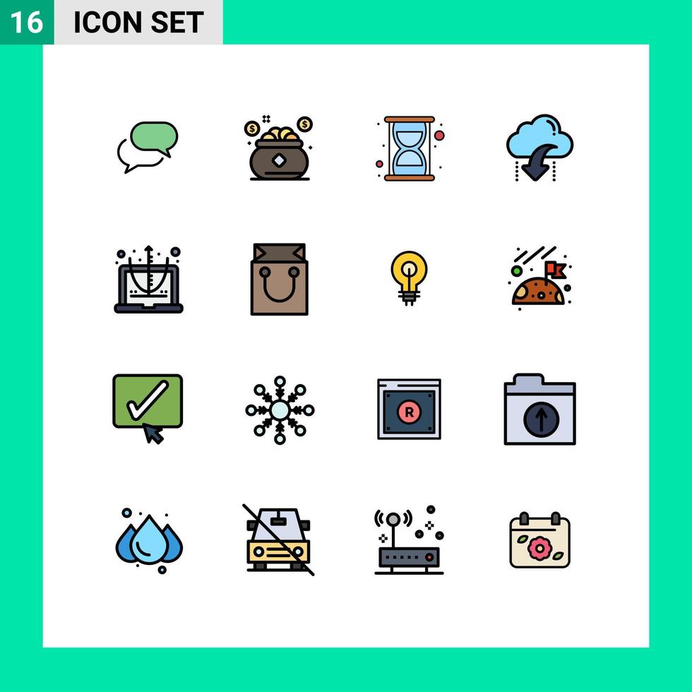 conjunto de pictogramas de 16 linhas simples preenchidas de cores planas de cálculo de seta salvando download de elementos de design de vetores criativos editáveis
