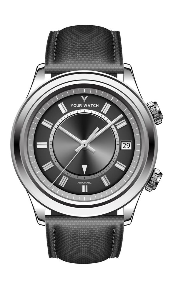 relógio realista prata rosto preto seta cinza com alça de tecido em branco design clássico luxo para homens vecto vetor