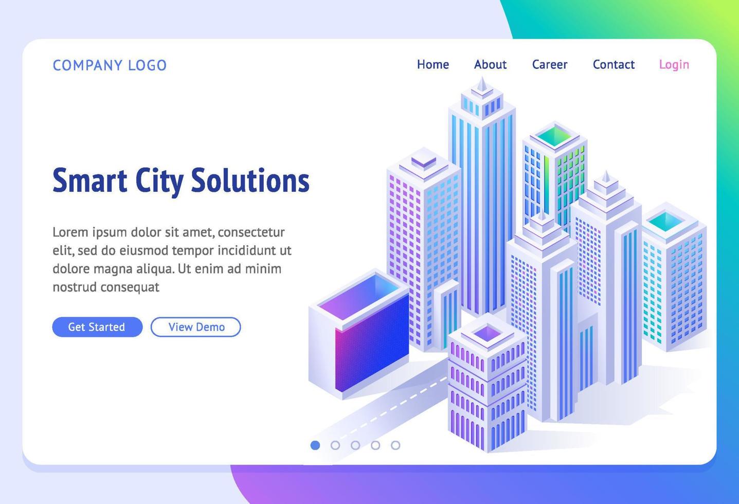 banner de soluções de cidade inteligente com cidade isométrica vetor