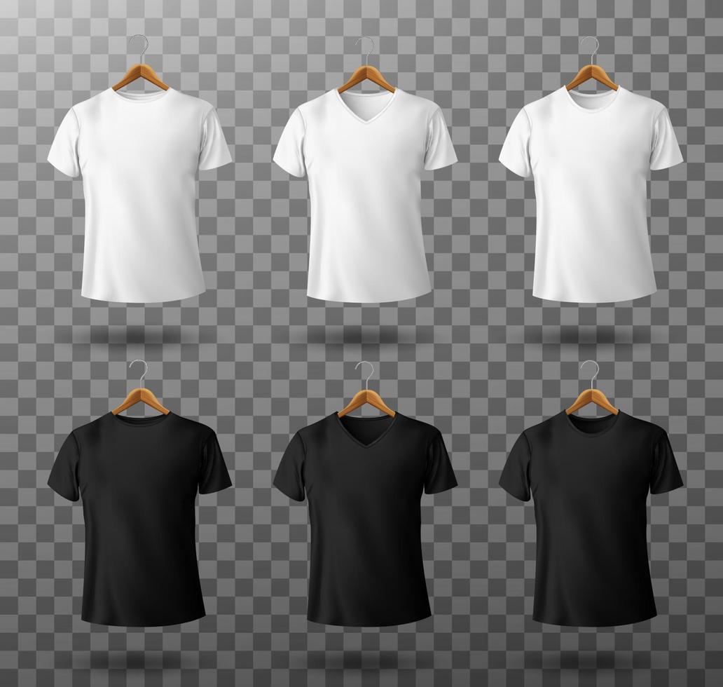 conjunto de camisetas masculinas preto e branco de maquete de camiseta vetor