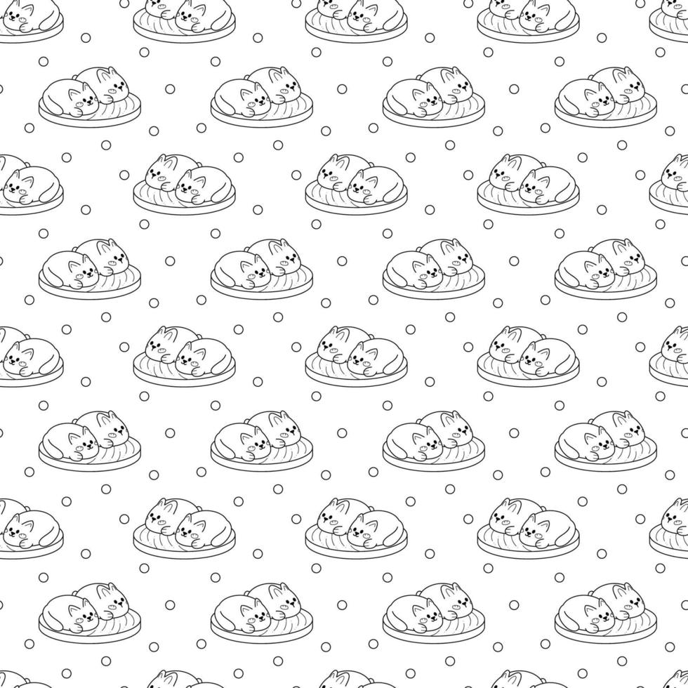 padrão manju14. tortas japonesas fofas na forma de um gato e um coelho. doodle ilustração em vetor preto e branco dos desenhos animados.