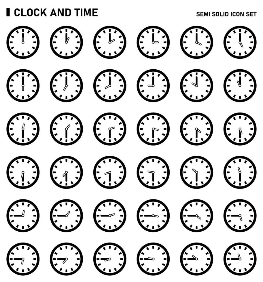 conjunto de ícones de relógio e tempo. conjunto de ícones semi sólidos. vetor