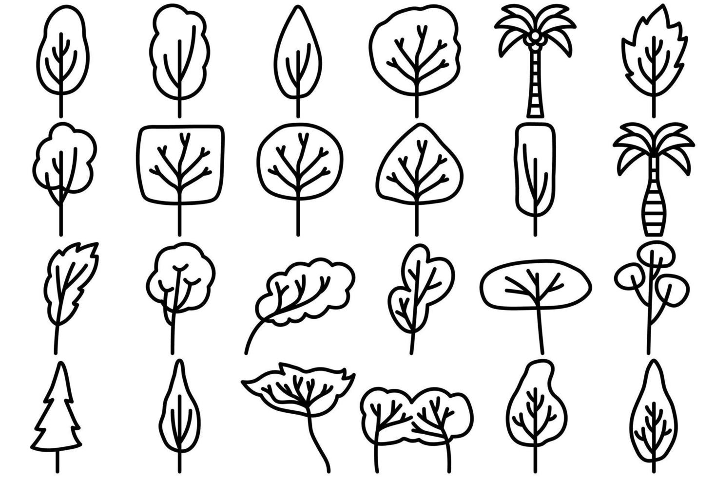 ícone da árvore. conjunto de ícones de árvore desenhada de mão. vetor
