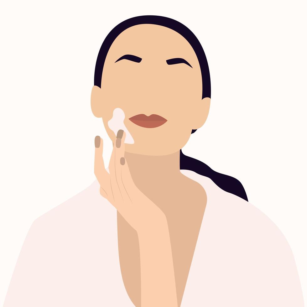 rosto feminino e máscara cosmética de beleza. mulher jovem e bonita aplicando creme. bandeira de cuidados com a pele. máscara facial, cuidados com a pele, tratamento, relaxamento. conceito de autocuidado. ilustração vetorial de estoque vetor