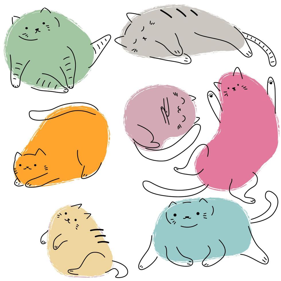 coleção de gatos desenhados à mão isolados no fundo branco. gatos bonitos doodle conjunto de vetores. design de personagens de gatinho. ilustração plana em vetor estoque.