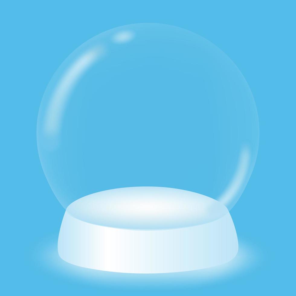 globo de neve transparente vazio 3d em um fundo azul. pódio branco sob uma cúpula de vidro para promoção de produtos. elemento de design para férias de inverno. ilustração vetorial. vetor