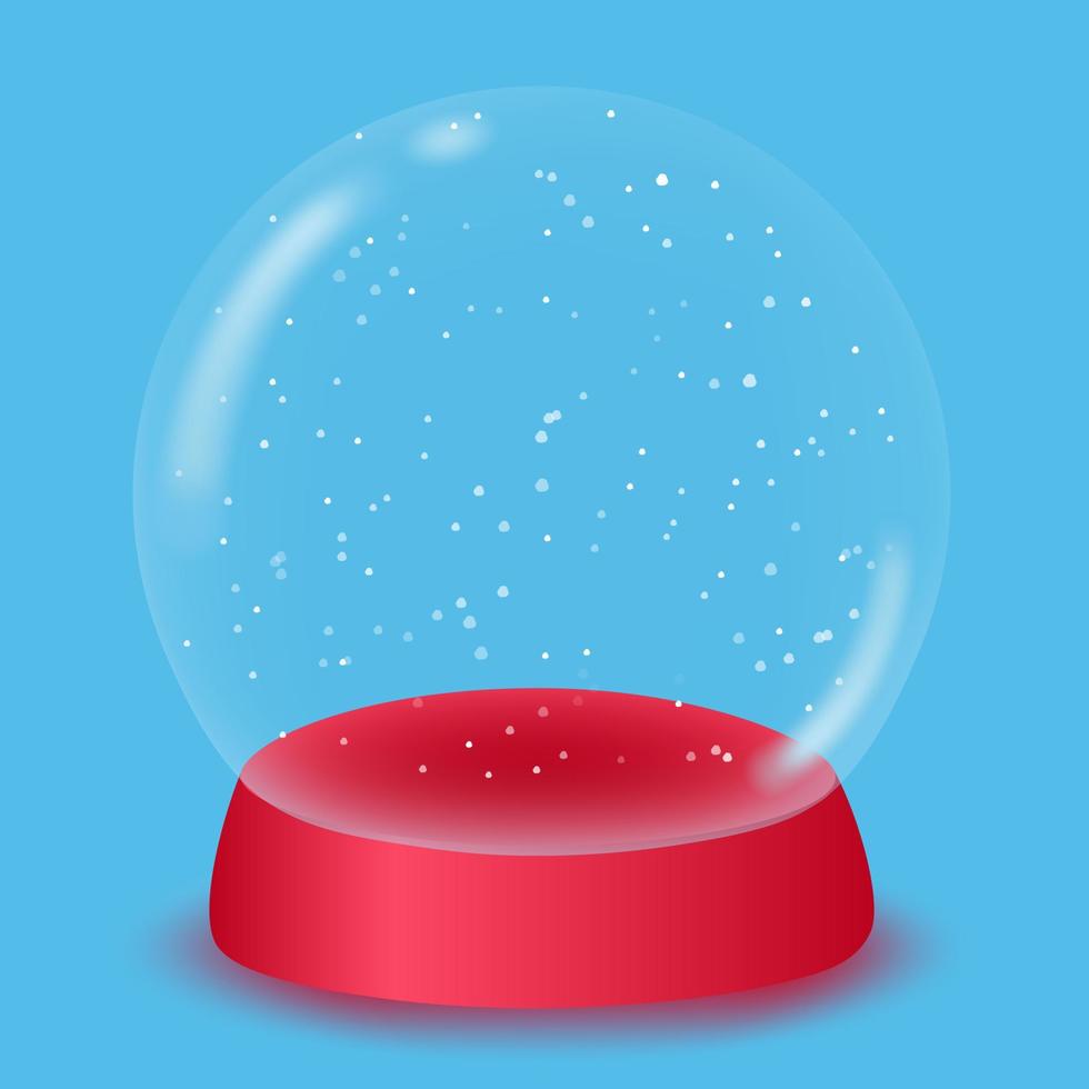 globo de neve de vidro 3d com neve em um fundo azul. modelo de pódio para promoção de produtos. elemento de design para férias de inverno. ilustração vetorial. vetor