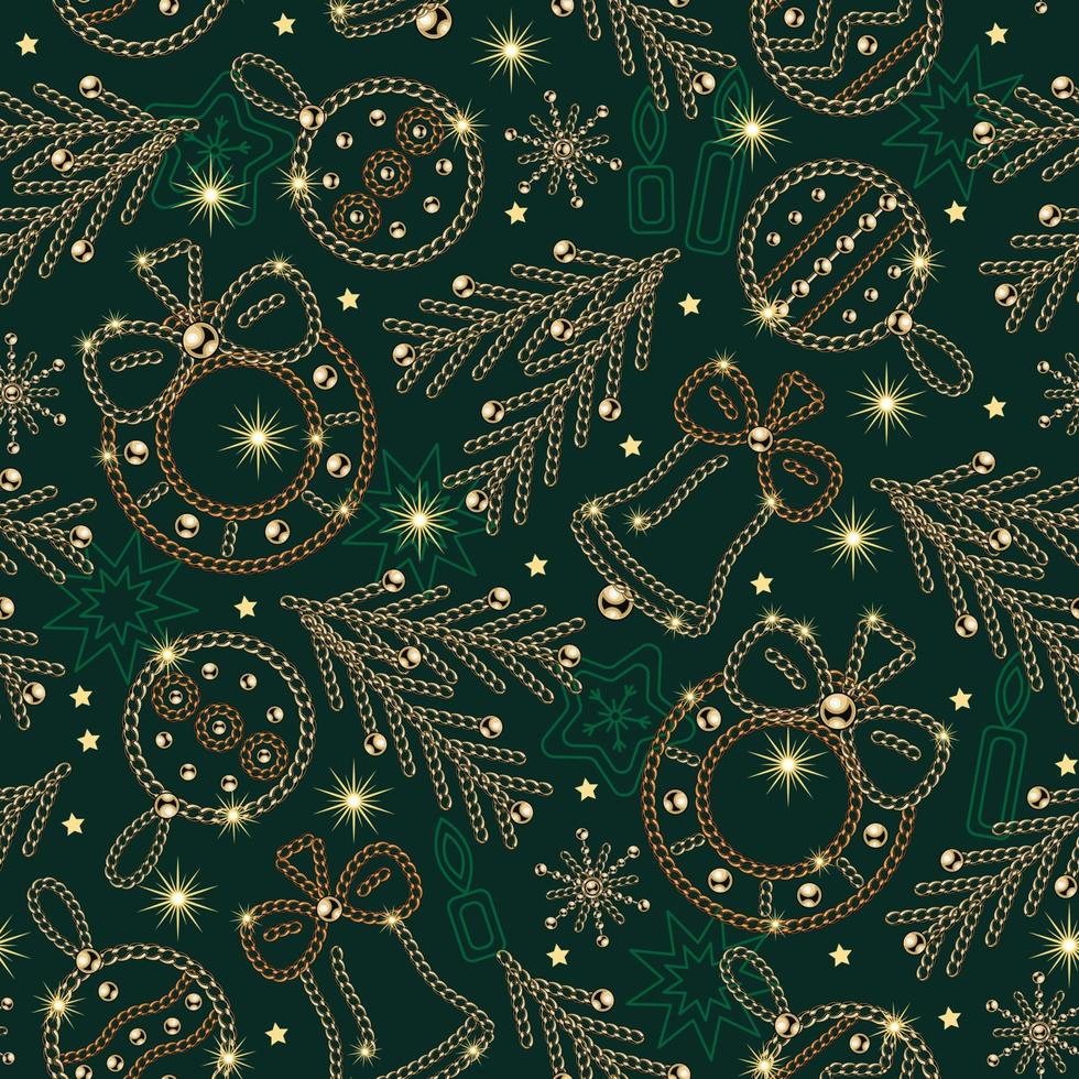 padrão perfeito com bolas de natal, sinos, coroa de flores, ramo de abeto feito de correntes de ouro de joias, contas de bola brilhante. ícone de contorno de natal, pequenas estrelas, brilhos em fundo verde vetor
