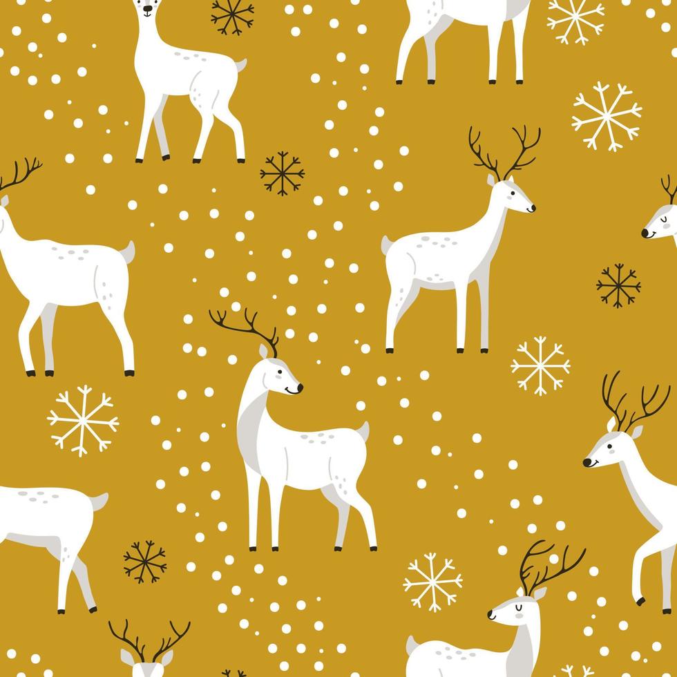 veado branco de inverno desenhado à mão com neve em um fundo amarelo em estilo bonito. padrão vetorial perfeito com animais selvagens para papel de parede ou papel de embrulho para o ano novo e feriados de inverno de natal vetor