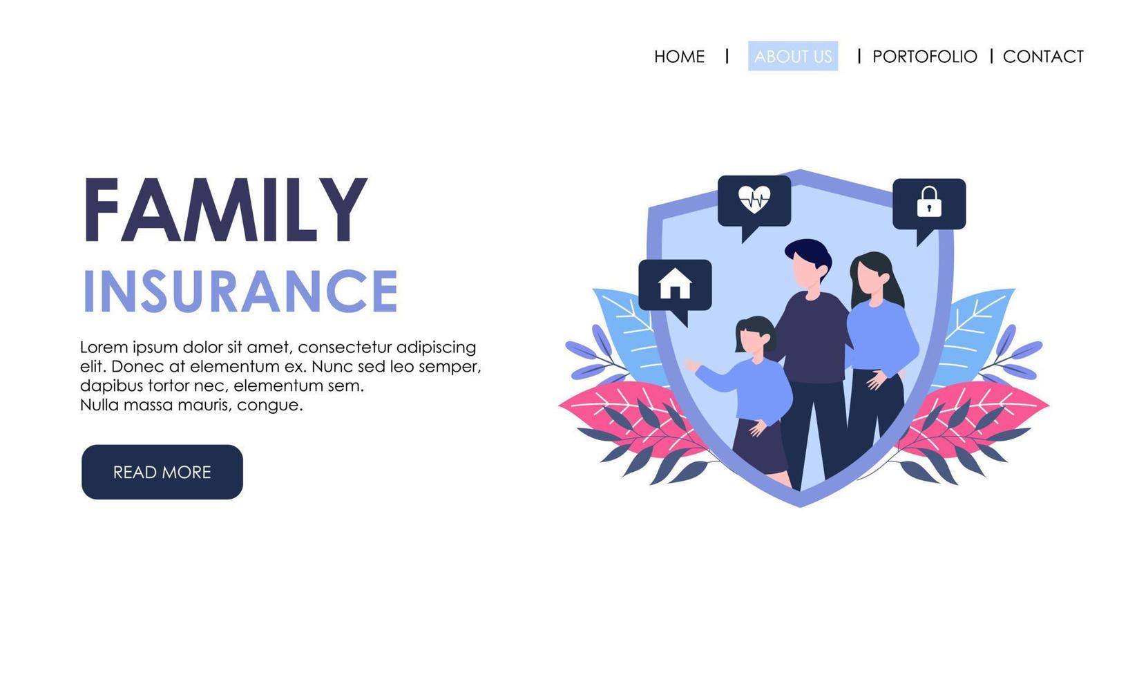 modelo de página de aterrissagem de seguro familiar. seguro, bandeira do conceito de saúde vetor