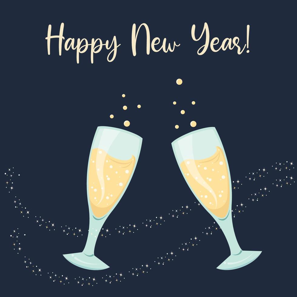 vetor de saudações de feliz ano novo com taças de champanhe brindando