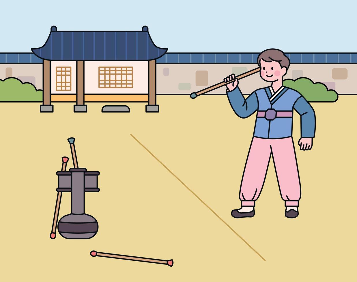 um menino vestindo um hanbok está jogando flecha. jogo tradicional coreano. vetor