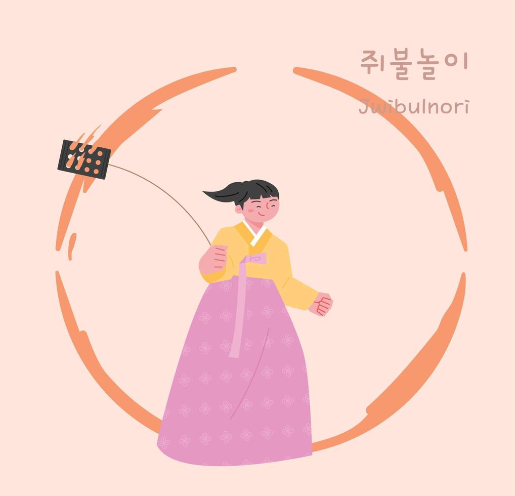 jogo tradicional coreano. uma garota usando um hanbok está brincando de virar uma lata com fogo. vetor