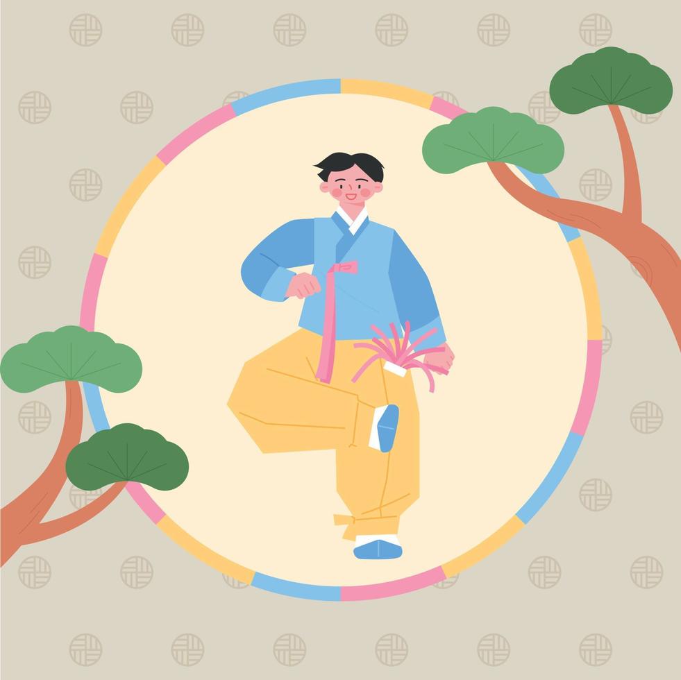 jogo tradicional coreano. um menino vestindo um hanbok está jogando jegi-chagi. vetor