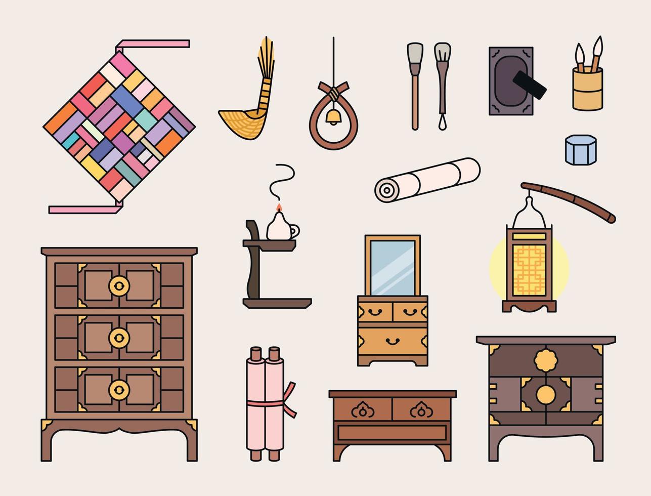 móveis antigos antigos da Coréia e várias necessidades diárias. e coisas de sorte. delinear ilustração vetorial simples. vetor