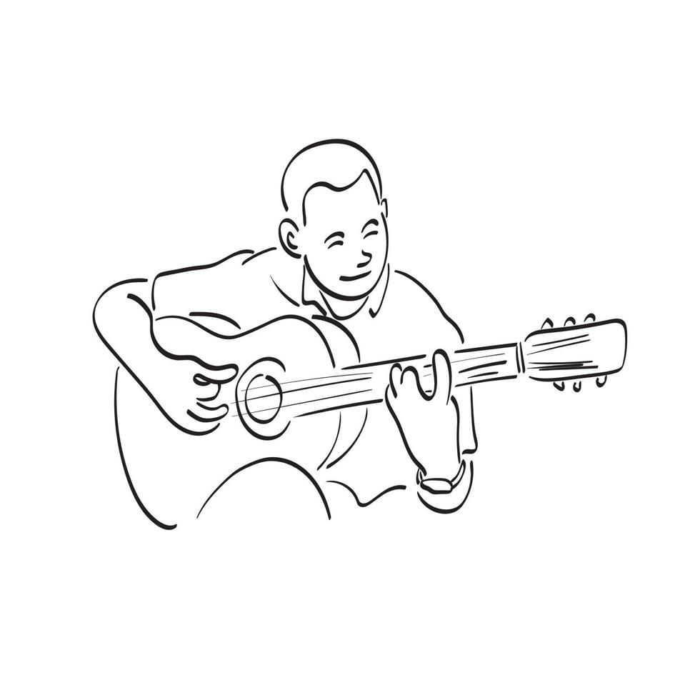 o homem do close up com a guitarra acústica senta-se na mão da ilustração do vetor da cadeira desenhada isolada na arte da linha do fundo branco.