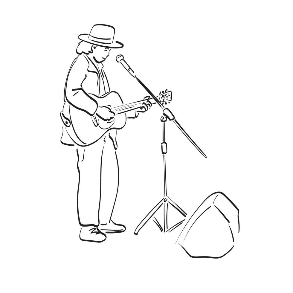 guitarrista masculino em pé e busking tocando guitarra mão de ilustração vetorial desenhada isolada na arte de linha de fundo branco. vetor