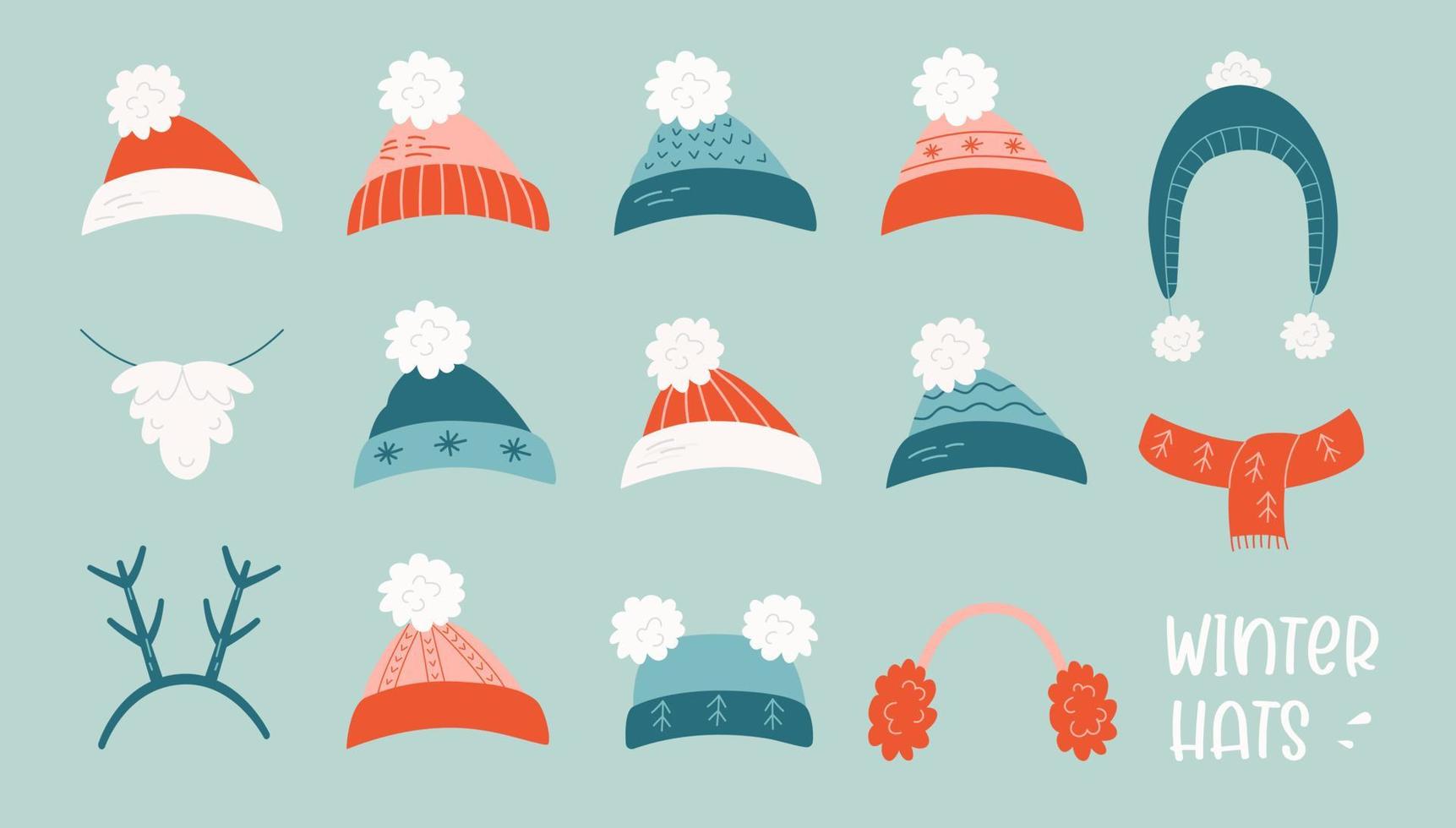 ilustração em vetor de coleção de chapéus de inverno para clima frio. chapéus sazonais quentes e cachecol, protetores de ouvido, barba de papai noel e chapéu em estilo de natal isolado em fundo azul em estilo simples