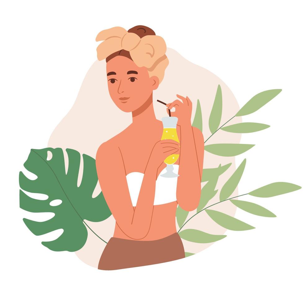 jovem mulher em traje de banho com coquetel de férias. praia de verão relaxe no mar. ilustração vetorial isolada no fundo branco vetor