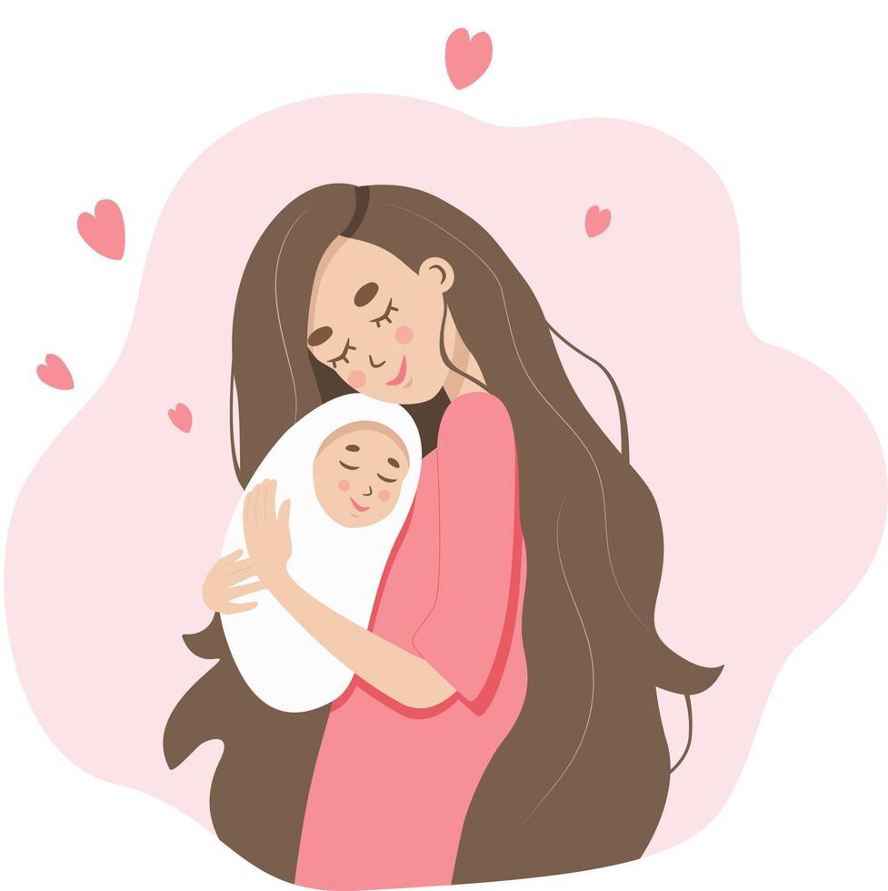 jovem mãe e bebê recém-nascido. mulher feliz abraçando cuidadosamente seu filho. ilustração em vetor de mãe segurando seu filho nos braços. personagens de desenhos animados isolados em um fundo branco