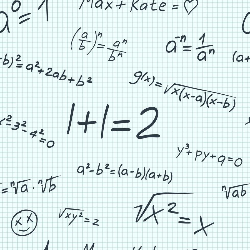 padrão de fórmula matemática desenhada à mão. ilustração em vetor sem costura de educação com humor. caderno escolar com elementos de linha escritos por caneta, fórmulas matemáticas, sorrisos e letras. estudo engraçado