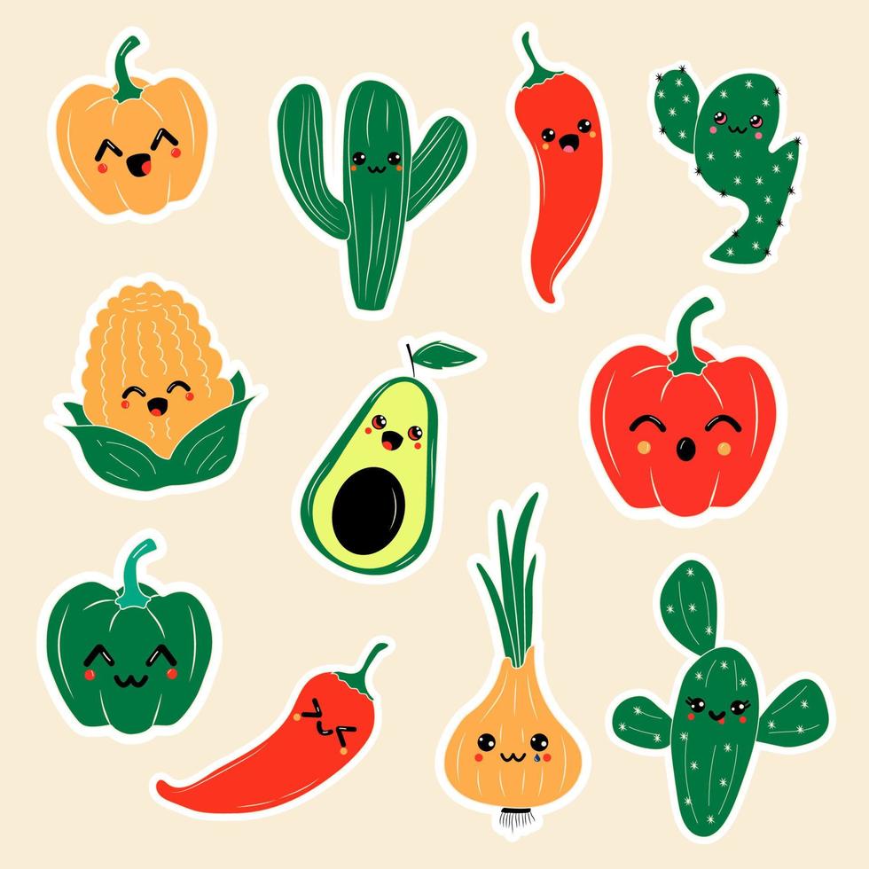 grande conjunto de personagens engraçados de desenhos animados de legumes sorrindo isolado no fundo branco. mascotes de comida alegre em design plano. vetor